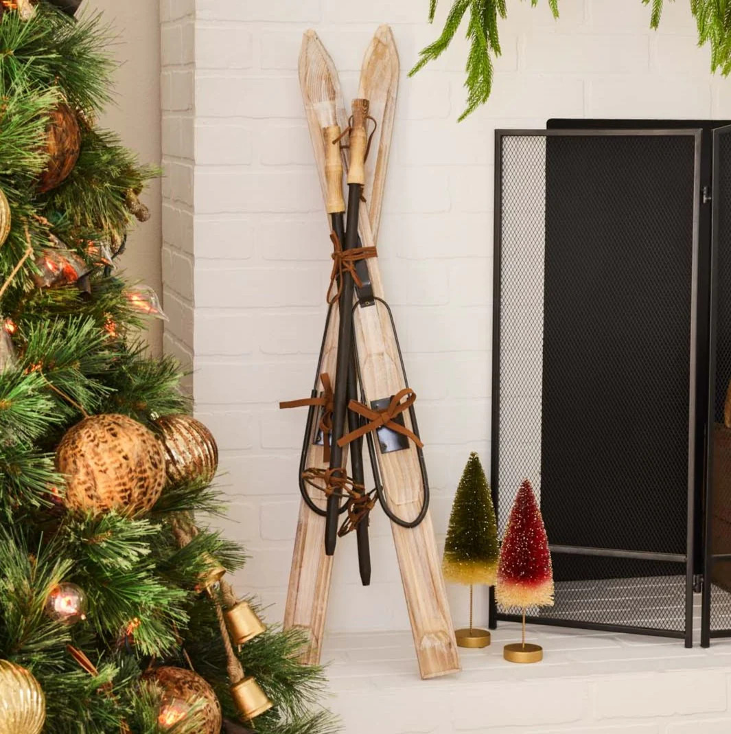 Wood, Metal & Suede Decorative Ski & Pole Pair Winter Fireplace Lodge Christmas Decor | Darby Creek Trading