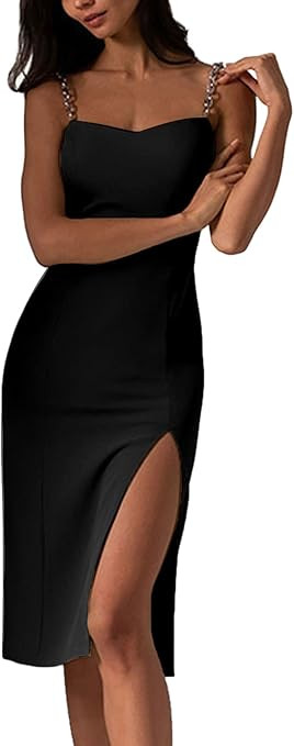 OPOIPIN Women's Chain Strap Sweatheart Neck Sleeveless Split Slit Bodycon Party Club Midi Dress | Amazon (US)