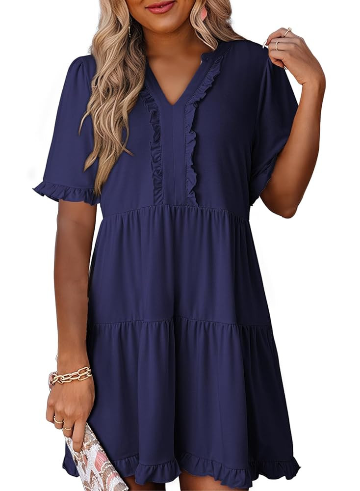 Dokotoo Womens Dresses 2025 Summer Spring V Neck Short Sleeve Casual A Line Flowy Swing Shift Dre... | Amazon (US)