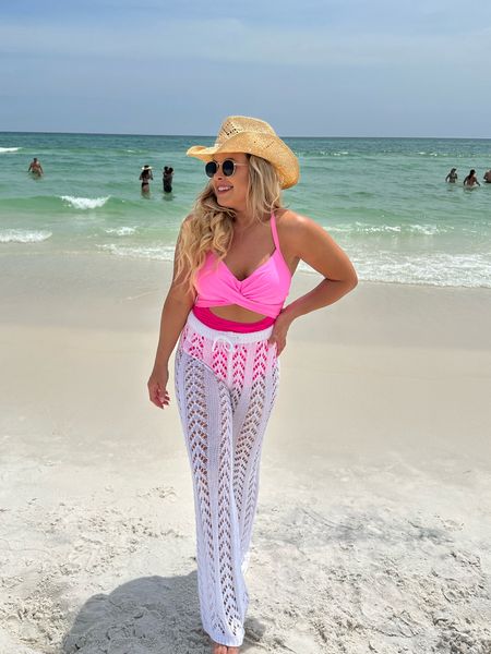 Costal cowgirl. Amazon hot pink color block swimsuit. Amazon western cowboy hat. Amazon coverup pants. Amazon swimsuit. Amazon finds. Amazon summer finds. 