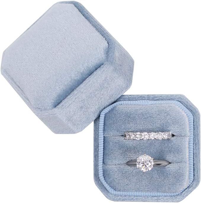 Octagon Square Ring Box Wedding Engagement Ring Set Keepsake Box Bridal Photo Gift Box (Pearl Sky... | Amazon (US)