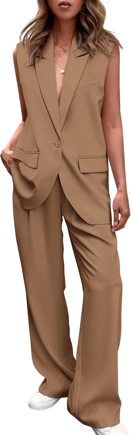 PRETTYGARDEN Women's Summer 2 Piece Outfits Blazer Sets | Sleeveless Button Up, Vest Tops, Wide Leg Pants with Pockets, Suits Set, Business Casual Outfits, Work Office Clothes | Amazon (US)