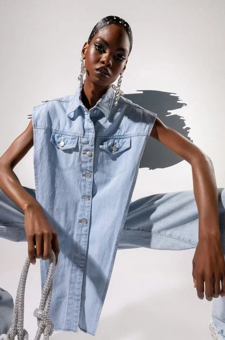 FROM ANY ANGLE LIGHT WASH ANGLED DENIM VEST | AKIRA