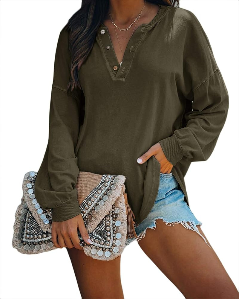 Womens Sweatshirts Long Sleeve Henley Shirts V Neck Button Up Batwing Pullovers Casual Loose Tops | Amazon (US)