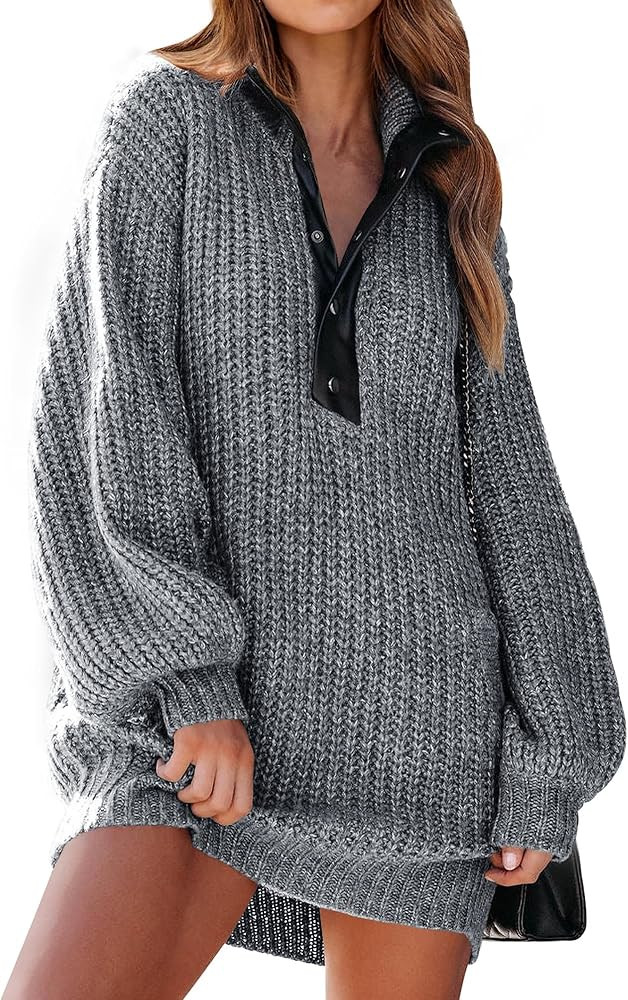 KIRUNDO Womens Fall Fashion 2024 Oversized Sweater Dress Casual Button V Neck Long Sleeve Pockets... | Amazon (US)
