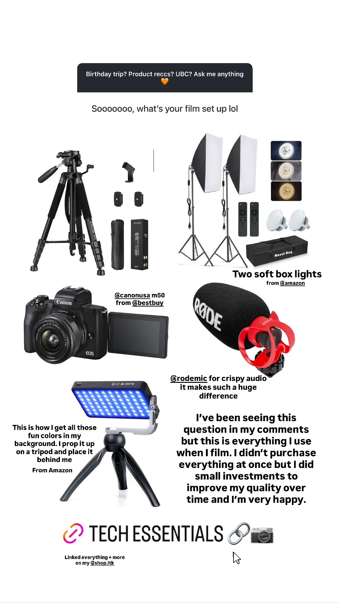Tech must haves for content creators, YouTubers, and influencers | Canon m50, Rode wireless mic, LED light, affordable soft box lights 

#LTKFindsUnder100