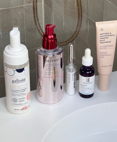 my morning skincare routine! Cleanse, softening essence, eye serum, anti pigmentation serum and peptide cream. Use my code LFEMMAH for 21% discount site wide on LookFantastic! #discountcode #morningskincare 