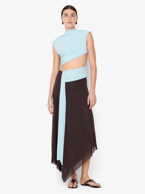 CONNI ASYM MIDI DRESS - ARCTIC BLUE / DARK CHOC | Bec & Bridge (Global)