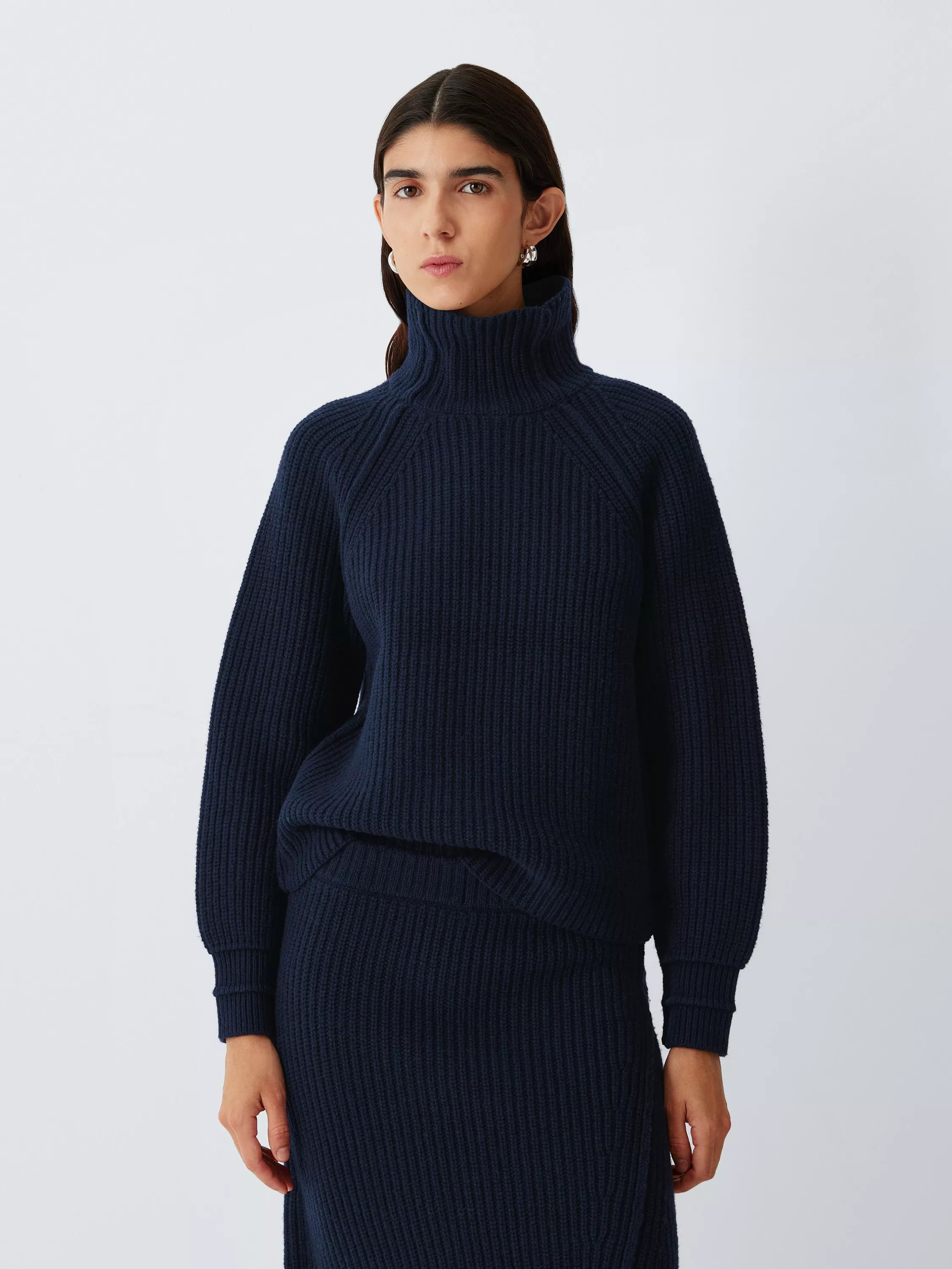 John Lewis Wool Rich Rib Knit Raglan Seam Turtleneck Jumper, Navy | John Lewis (UK)