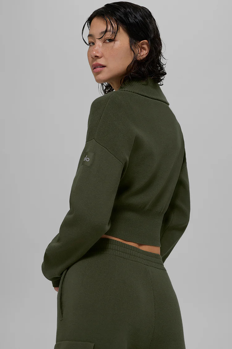 Scholar Knit Cropped Full Zip Jacket - Green Olive | Alo Yoga (US)