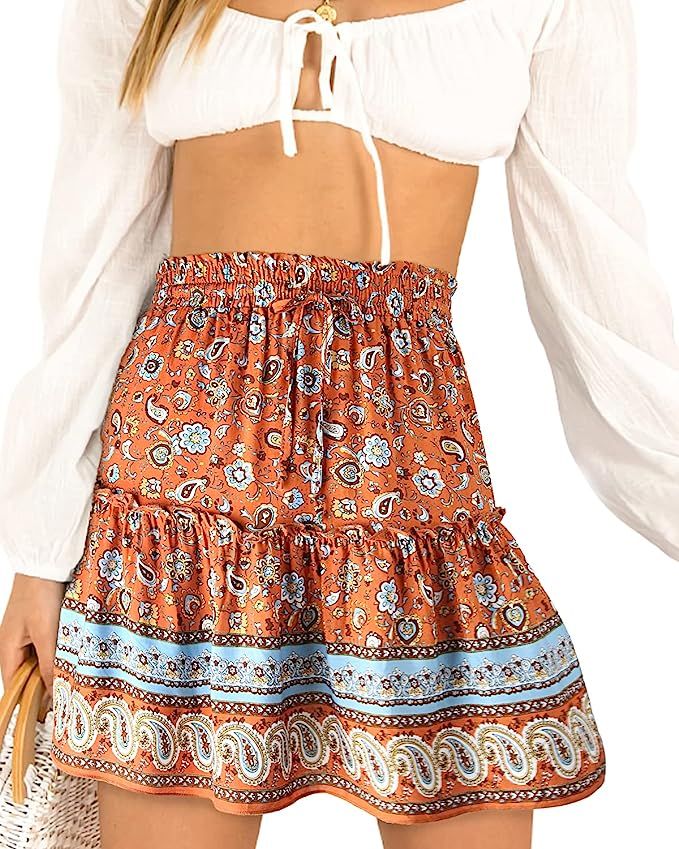 Alelly Women's Summer Cute High Waist Ruffle Skirt Floral Print Swing Beach Mini Skirt | Amazon (US)