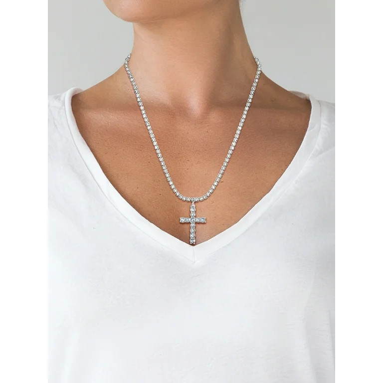 Jessica Simpson Women's Pave Cubic Zirconia Cross Necklace, 15" + 3" | Walmart (US)