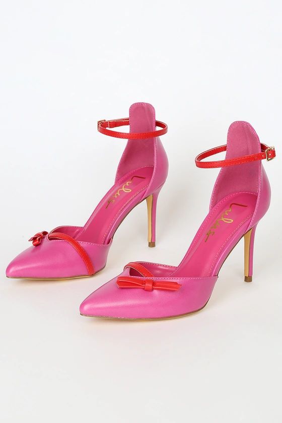 Syyna Pink and Red Bow Ankle Strap Pumps | Lulus (US)