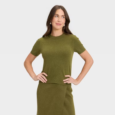Women's Short Sleeve Cozy Knit T-Shirt - A New Day™ Green XS | Target