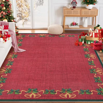 Vintage Christmas Rug with Ornate Border & Color Block, Non Slip Pebble Velvet Washable Floor Mat | Target