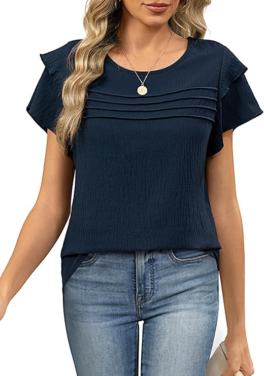 Funlingo Womens Dressy Casual Blouses Summer Ruffle Short Sleeve Tops Crew Neck Pleated Front Shi... | Amazon (US)
