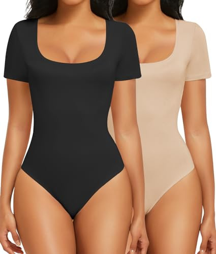 EUYZOU 2 Piece Women's Bodysuit Scoop Neck Short Sleeve Body Suit Basic Sexy Soft Breathable Bodysuit Tops Shirt(Black/Nude,X-Large) | Amazon (US)