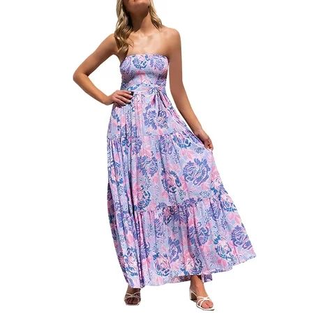 Sayhi Womens Summer Cotton Floral Print Strapless Boho Beach Casual Midi Dresses Long Blue Beach Dre | Walmart (US)