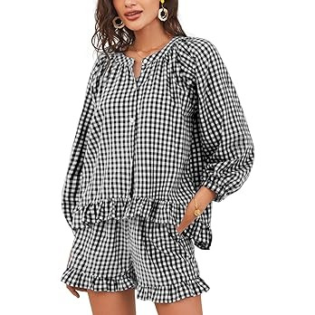 Flygo Women Gingham 2 Piece Pajama Sets Y2K Plaid Ruffle Short Sets Raglan Sleeve Shirt Lounge Sh... | Amazon (US)
