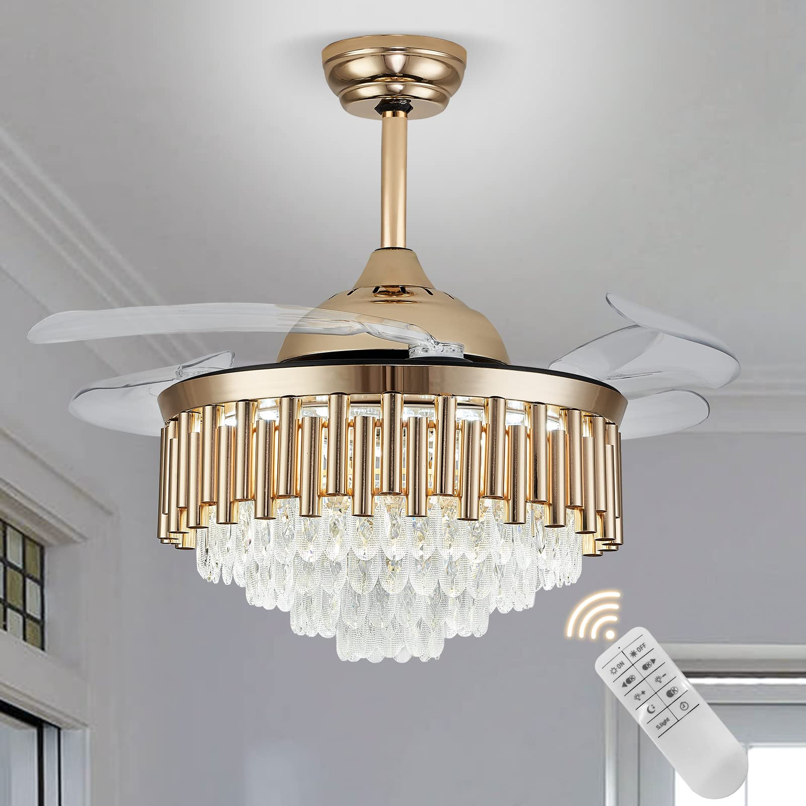 42 Inches Gold Invisible Crystal Ceiling Fan Chandelier, Modern Remote Control Crystal Ceiling Fa... | Amazon (US)