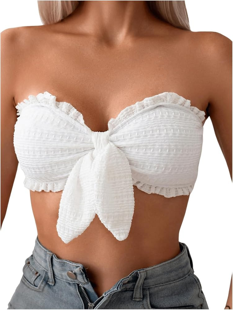 WDIRARA Women's Ruffle Trim Strapless Bandeau Bikini Top Knot Front Bathing Suit Tops | Amazon (US)