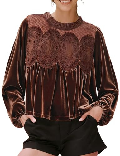 Gozoloma Women's Long Sleeve Velvet Trim Lace Blouse Elegant Flared Swing Top Round Neck Blouse Casual Wear(Brown-XL) | Amazon (US)