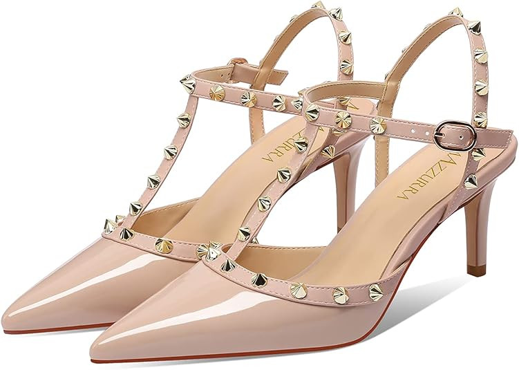 MIRAAZZURRA Women Heeled Sandals Rivet Studded T-Strap Wedding Shoes Stiletto High Heels Pointed ... | Amazon (US)