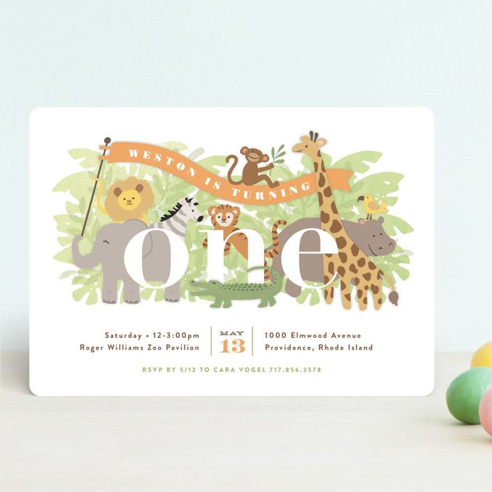"Jungle One" - Customizable Children's Birthday Party Invitations in Green by Jennifer Wick. | Minted