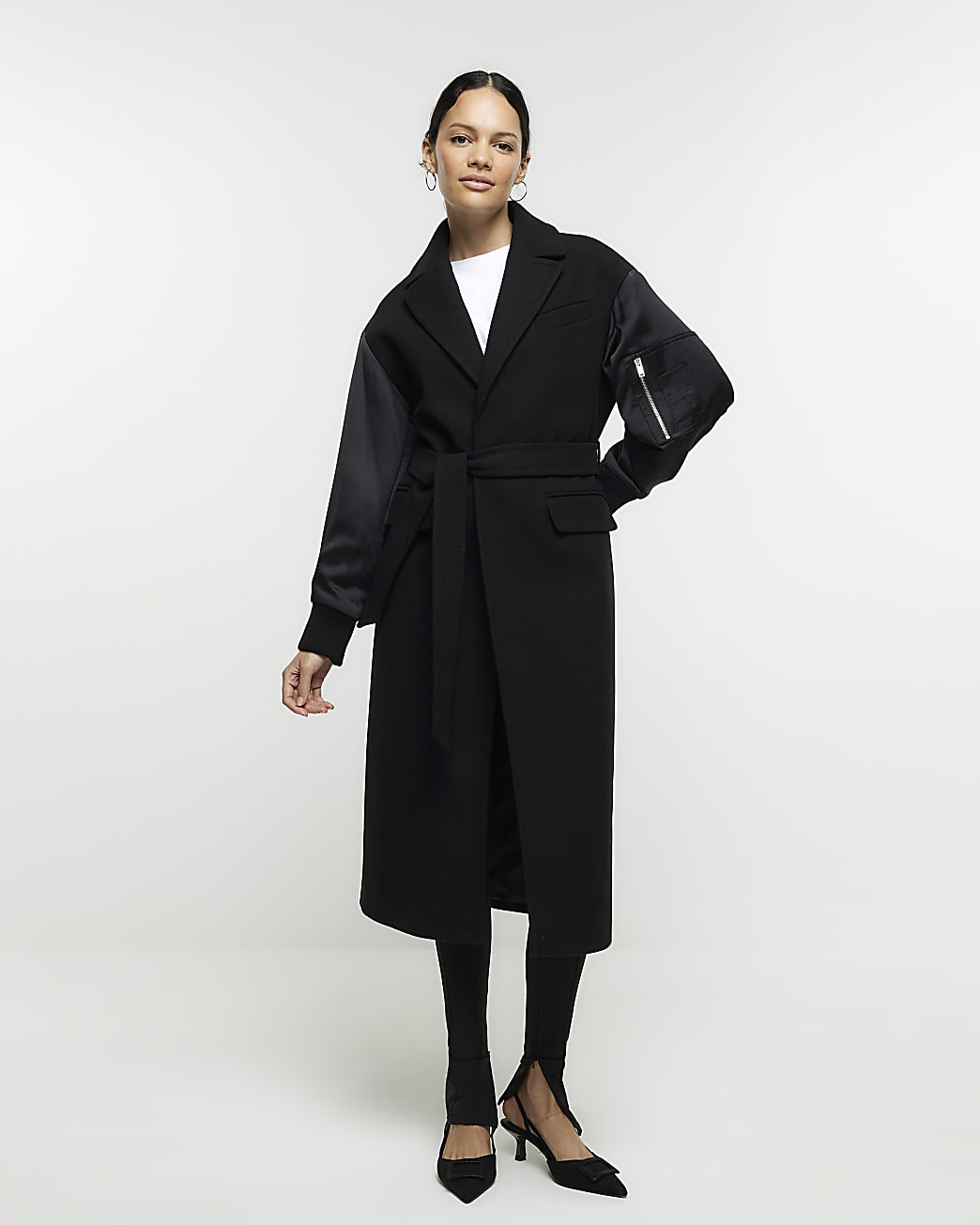 Black belted bomber sleeve coat | River Island (US)
