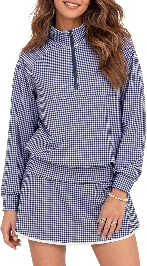 Fisoew Womens 2 Piece Outfits Gingham Half Zip Sweatshirts Mini Skorts Set | Amazon (US)