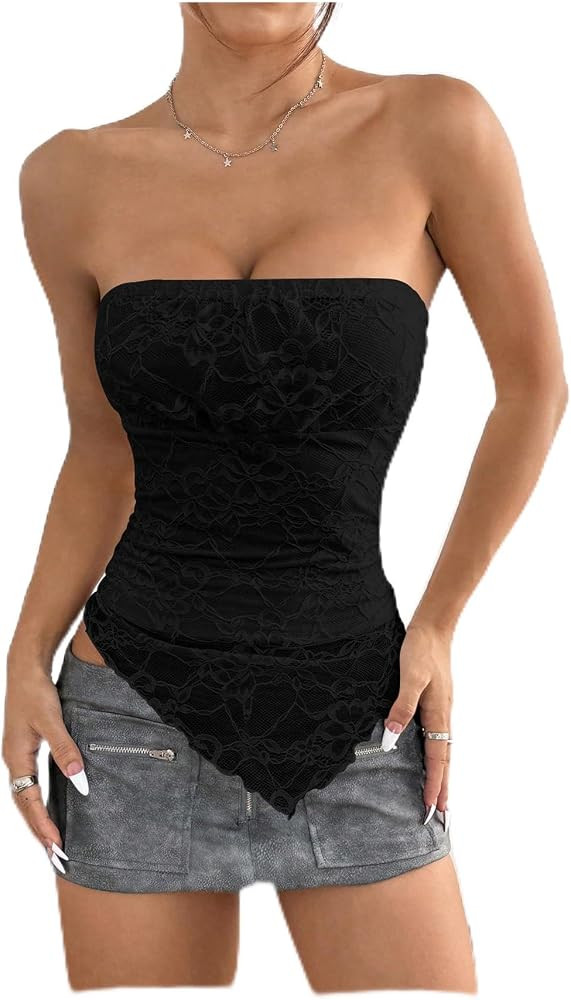 MakeMeChic Women's Floral Lace Strapless Tube Top Ruched Backless Y2k Bandeau Tops | Amazon (US)