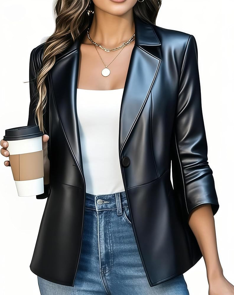 Women Leather Jacket Faux Slim Fit Ruched 3/4 Sleeve Blazers for Casual Business Interview Semi F... | Amazon (US)
