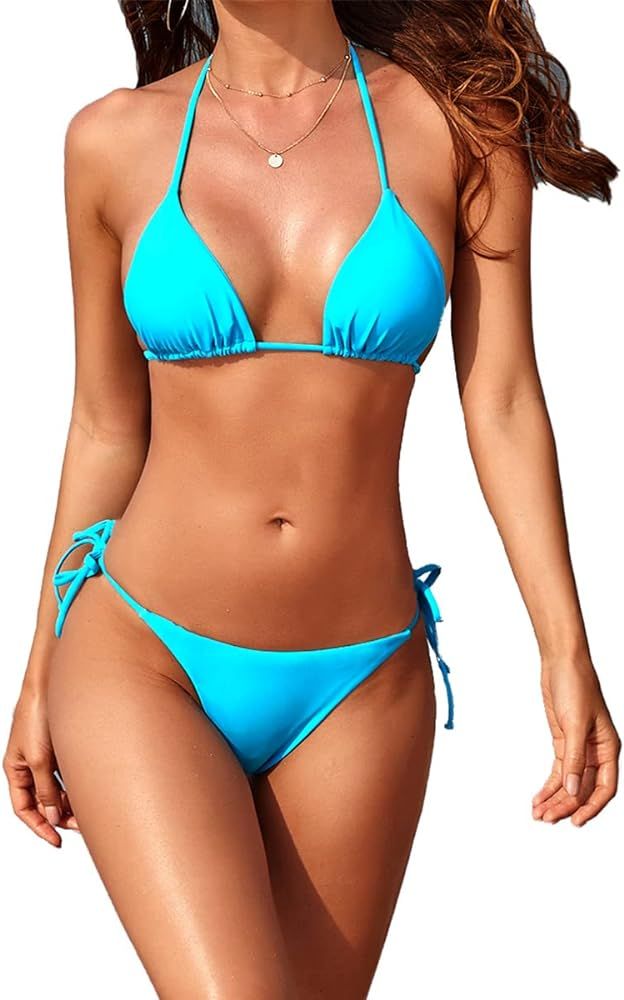 Tainehs Women's Sexy Halter Thong Bikini Tie Two Sides Bottom Triangle Bikini Swimsuits | Amazon (US)