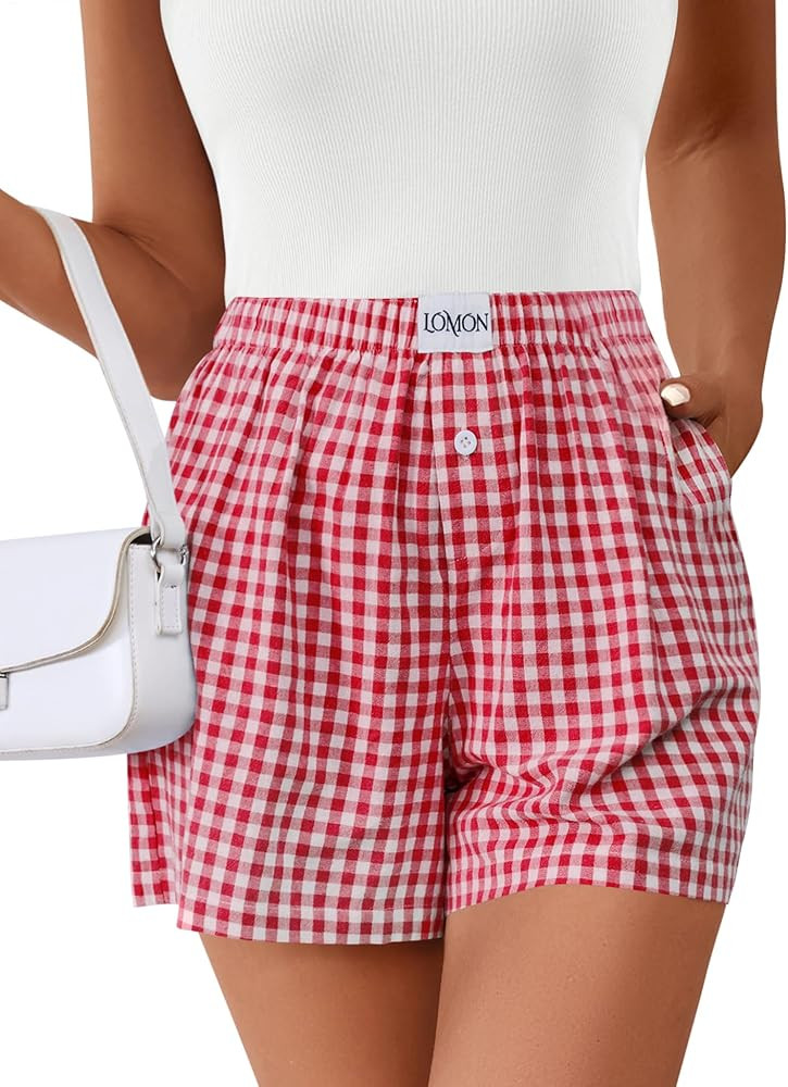 LOMON Boxer Shorts for Women Summer Gingham Cotton Pajamas 2025 Lounge Sleep Pj Plaid Shorts Y2K ... | Amazon (US)