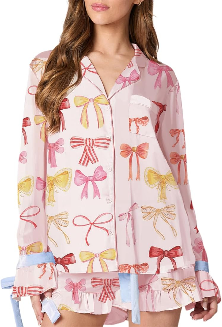 Argeousgor Valentine's Day Pajamas for Women Bow Tie Long Sleeve Shirt Ruffe Shorts Satin Heart 2... | Amazon (US)