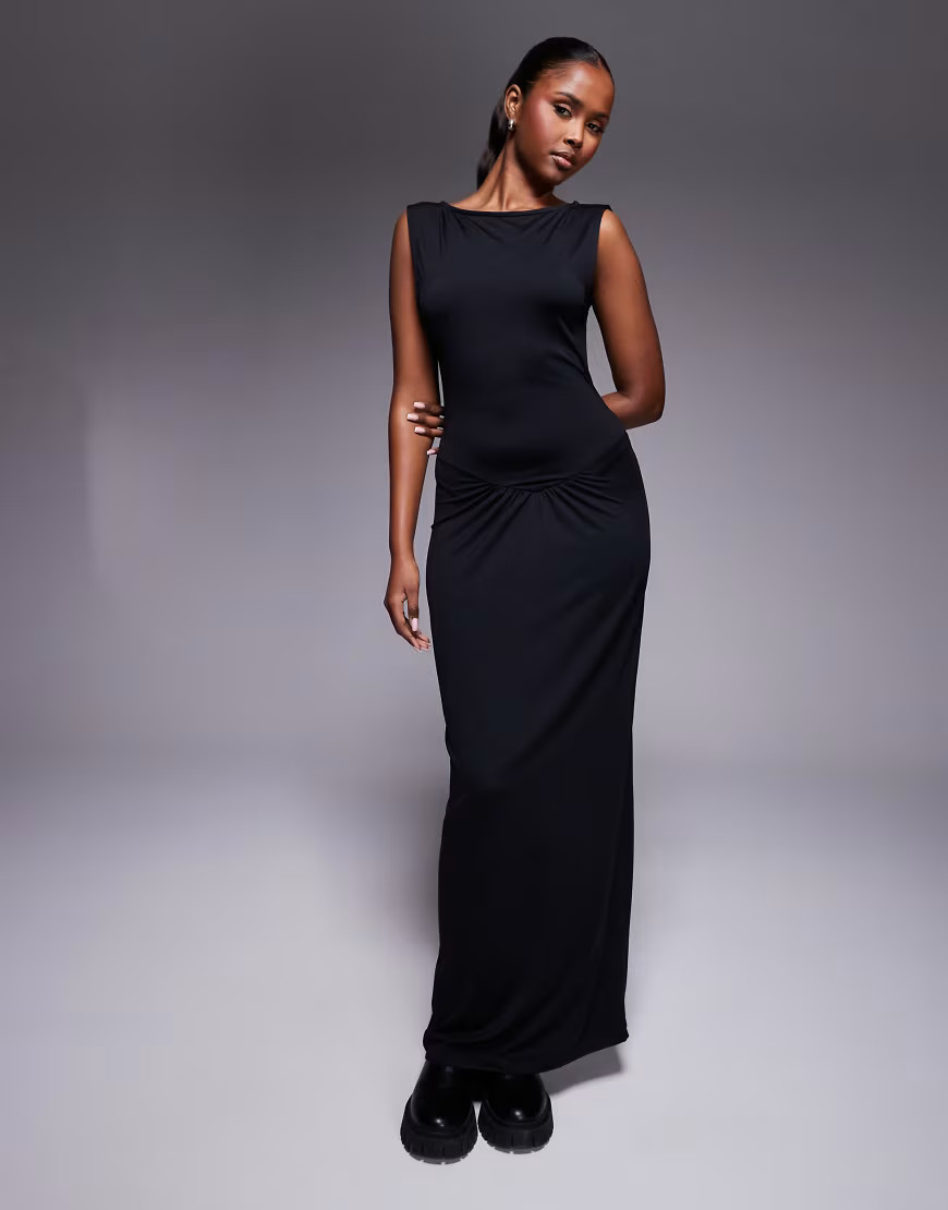 ASOS DESIGN slash neck sleeveless dress with gathered waist detail in black | ASOS (Global)