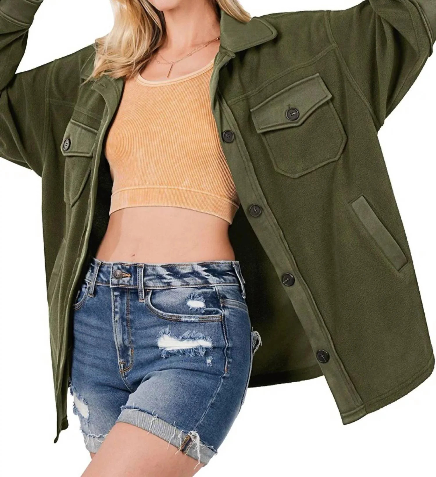 Basic Fleece Shacket In Green | Shop Simon