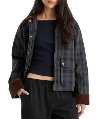Good American Women's Collared Cotton Barn Jacket - Black Check | Macy's