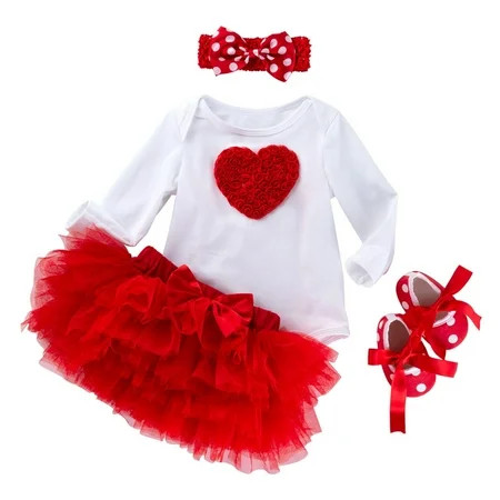 Toddler Girl Sets Baby Girls Heart Embroidery Long Sleeve Romper Bodysuit Tutu Tulle Skirt Headband Socks Shoes Valentine s Day Outfit Set 6-12 Months | Walmart (US)