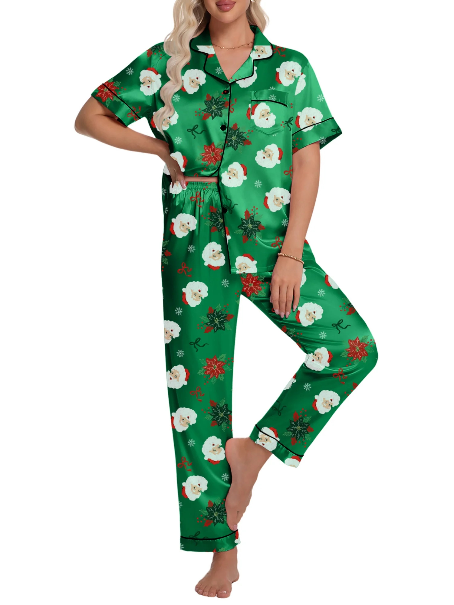 DAKIMOE Silk Satin Pajamas Set for Women Two-Piece Short Sleeve Shirt with Long Pajama Pant Set S... | Walmart (US)