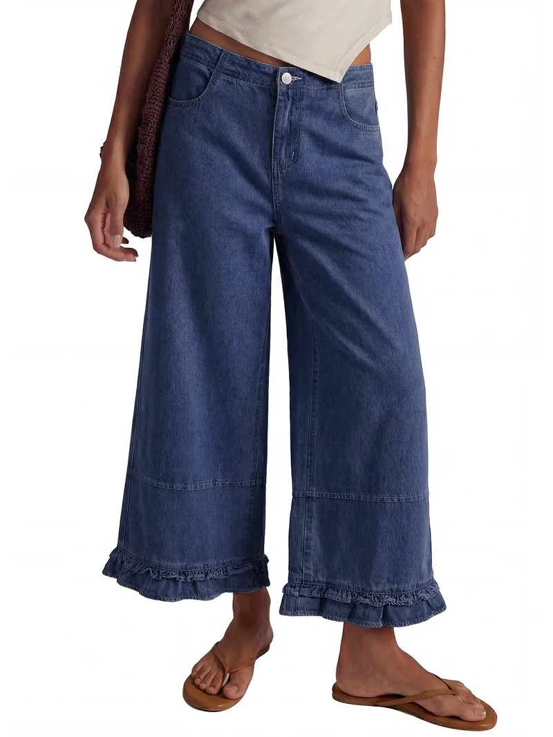 DOKOTOO Women Wide Leg Jeans High Waisted Stretch Denim Elastic Waist Ruffle Hem Flare Pants Vint... | Walmart (US)