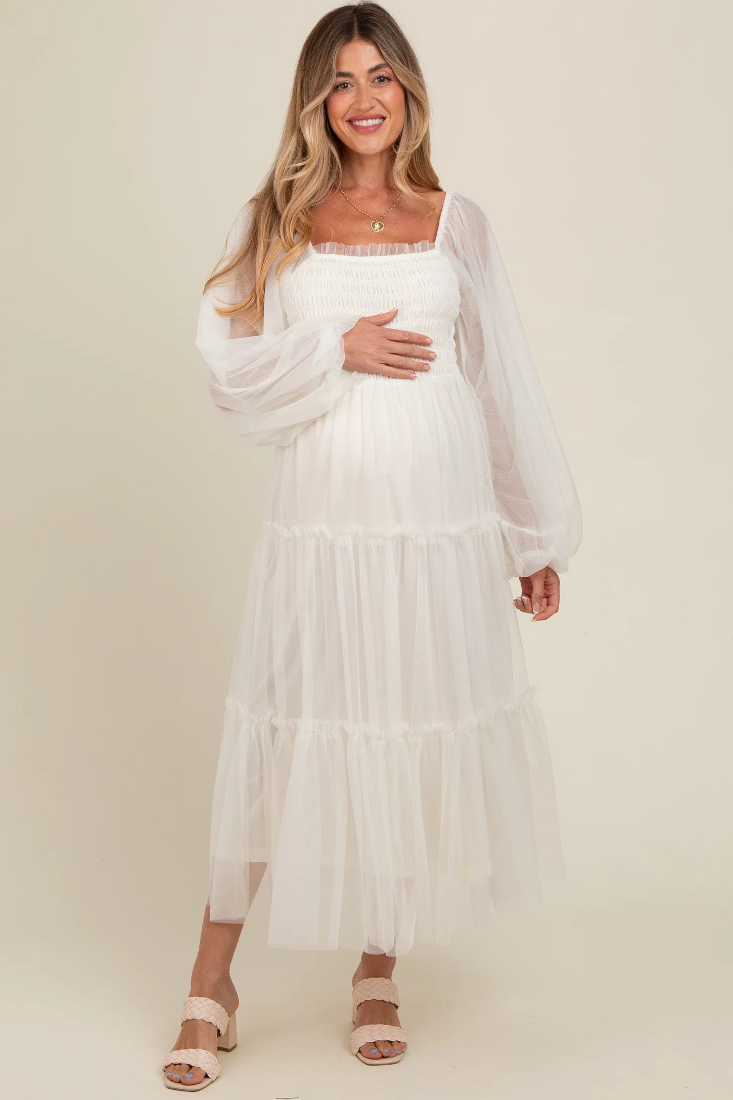 Cream Mesh Tiered Long Sleeve Maternity Maxi Dress | PinkBlush Maternity