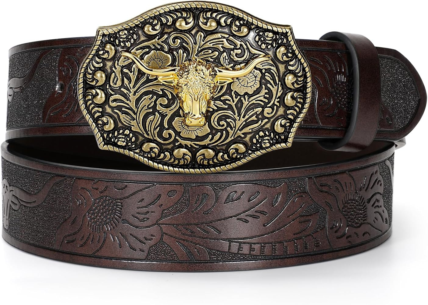 Western PU Leather Buckle Belt for Men Women Cowboy Cowgirl Longhorn Bull Pattern Floral Engraved... | Amazon (CA)