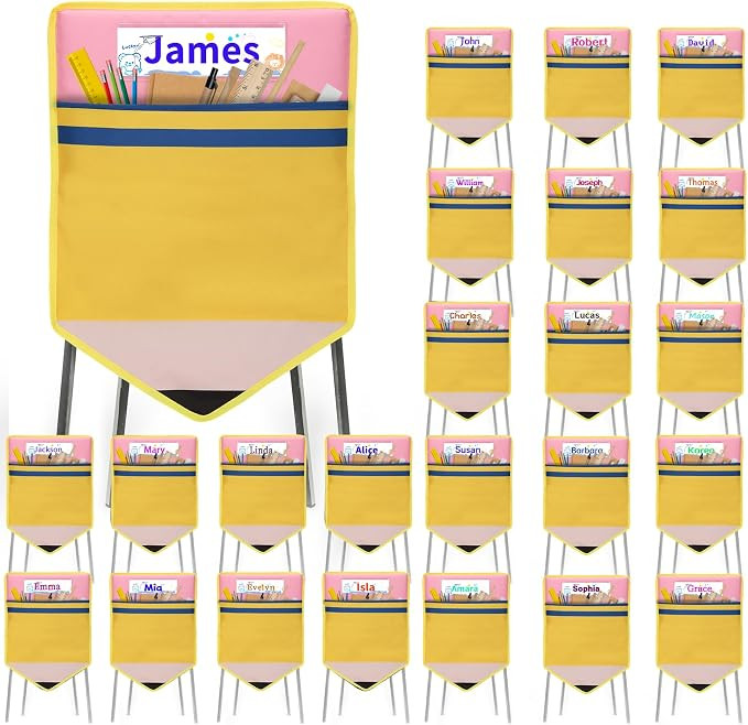 24 PCS Yellow Chair Pockets for Classroom, 17x20 Inch Large Seat Sacks with Pencil Design & Name ... | Amazon (US)