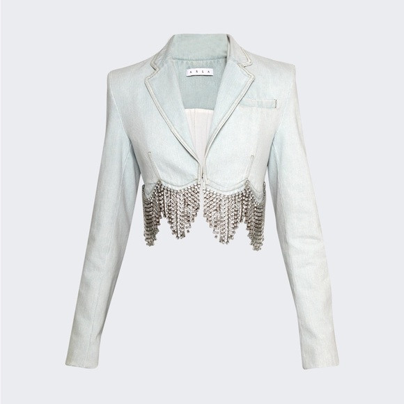 AREA Scalloped Crystal Cropped Denim Jacket | Poshmark