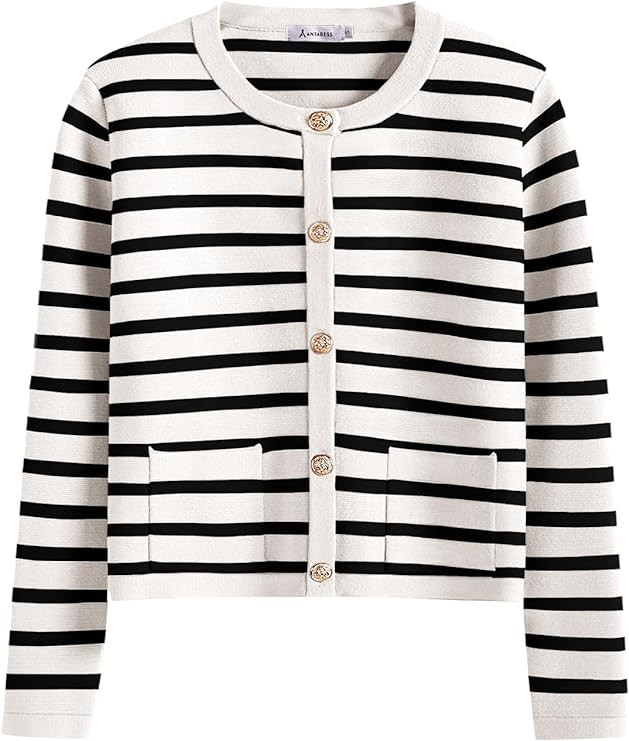 ANRABESS Women Striped Cardigan Sweaters Button Down Cropped Knit Lady Jackets Coat 2025 Fall Out... | Amazon (US)