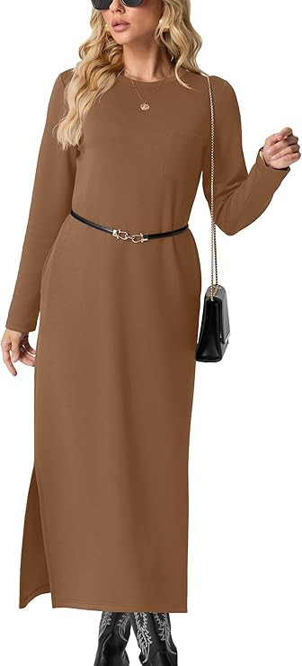 GRECERELLE 2026 Women Spring Fall Casual Round Neck Long Sleeve Loose Split Wrinkle-Free Long Max... | Amazon (US)