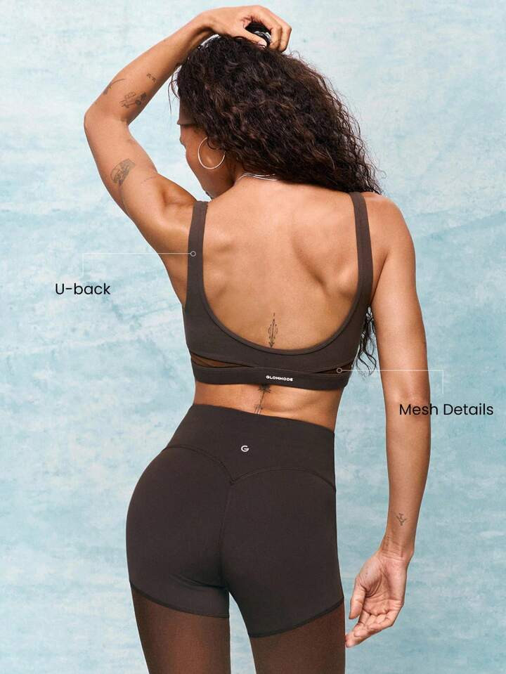 GLOWMODE FeatherFit™ Go Further Crew Neck Removable Cups Mesh Sports Bra Low Impact Yoga Pilates Barre Studio Daily Casual Wear | SHEIN