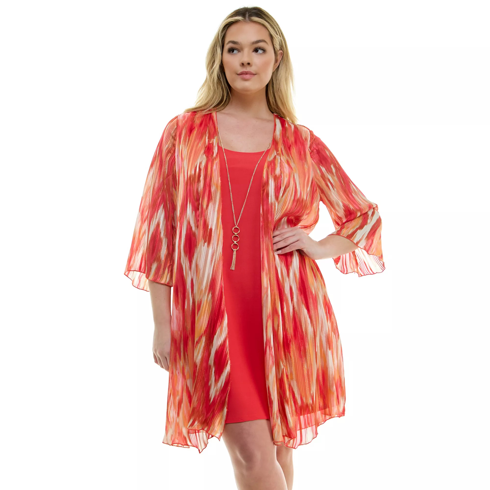 Plus Size Luxology 2-Piece 3/4 Bell Sleeve Cardigan & Drop Collar Dress Set | Kohl's