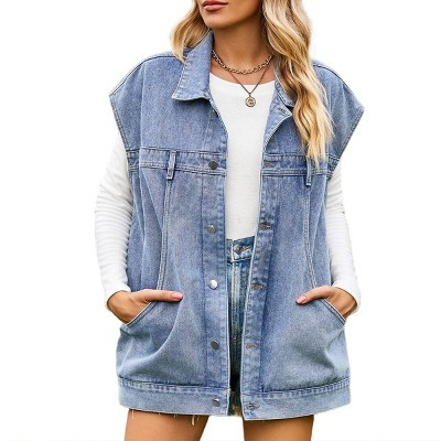 Denim Jean Vest for Women Oversized Sleeveless Button Down Denim Jean Vest Waistcoat Shacket Jacket | Target
